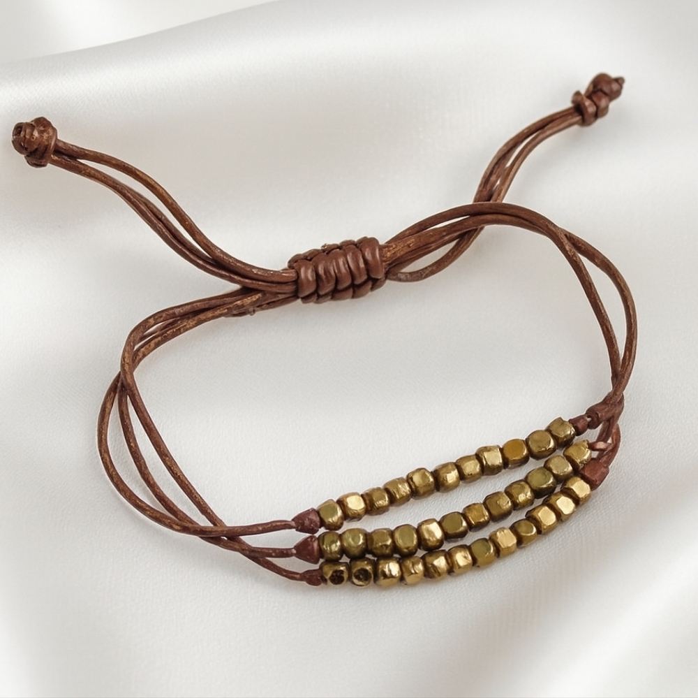 American Eagle Faceted Brass Bead Bracelet – Adjustable Boho Luxe Cord Jewelry
